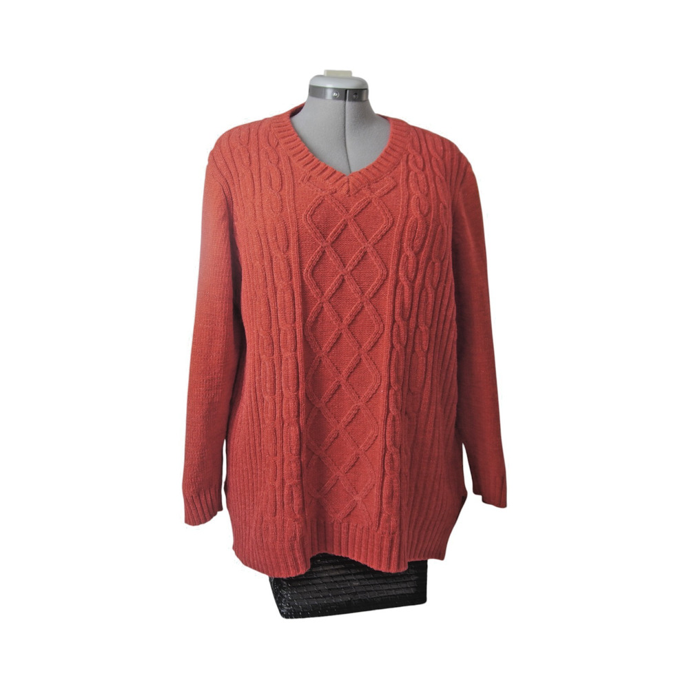 White Stag Sweater Womens 18W/20W Red Metallic Cable Knit V Neck Pullover Cozy
